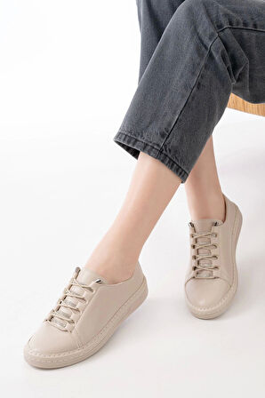 Mk-9026 Bej Bağcıklı Taş Aksesuarlı Günlük Spor Ayakkabı