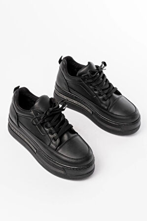 Fln-1999 Siyah Bağcıklı Taban Taş Aksesuarlı Günlük Spor Ayakkabı