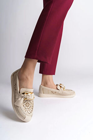 Lydıa Bağcıksız Ortopedik Rahat Taban Çiçek Desenli Kadın Babet Ayakkabı  Kt - Krem