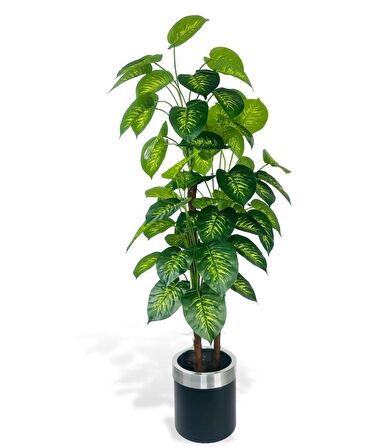 Yapay Çiçek Difenbahya Sarı Yeşil 3Katlı 160cm 54Yaprak Gümüş Kemerli Siyah Saksıda Yapay Bitki