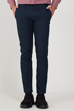 Erkek Lacivert Slim Fit Dar Kesim Pamuklu Esnek Rahat Armürlü Pantolon