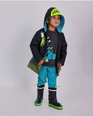 Tuc Tuc Şövalye Desenli Kapüşonlu Erkek Çocuk Su Geçirmez Yağmurluk