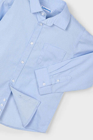 Erkek Çocuk Cepli Çizgili Uzun Kollu Gömlek - Mavi | 3 Yaş