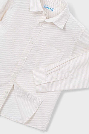 Erkek Çocuk Cepli Çizgili Uzun Kollu Gömlek - Krem | 10 Yaş