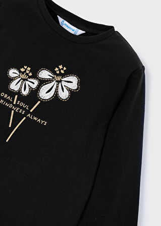 Mayoral Kız Çocuk Çiçek İşlemeli Uzun Kollu Siyah Tişört 00178