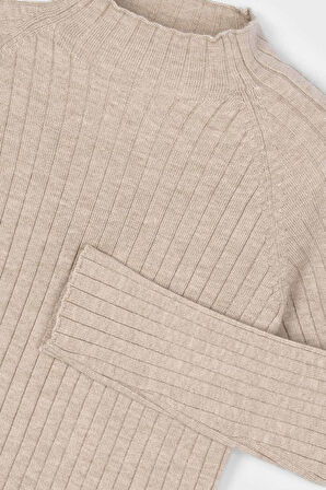 Kız Çocuk Fitilli Balıkçı Yaka Triko Kazak - Bej | 10 Yaş