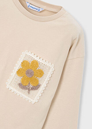 Mayoral Kız Çocuk Bej Çiçek Aplikeli Uzun Kollu Tişört 4004