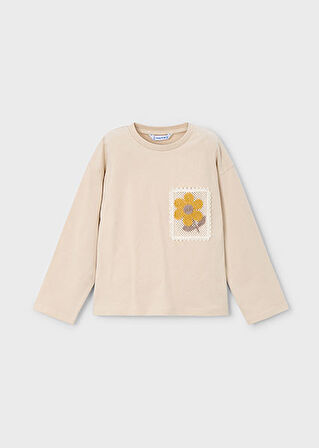 Mayoral Kız Çocuk Bej Çiçek Aplikeli Uzun Kollu Tişört 4004