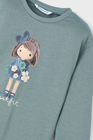 Kız Çocuk Grafik Baskılı Uzun Kollu T-Shirt - Adaçayı Yeşili | 3 Yaş