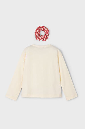 Kız Çocuk Tokalı Grafik Baskılı Uzun Kollu T-Shirt - Krem | 4 Yaş