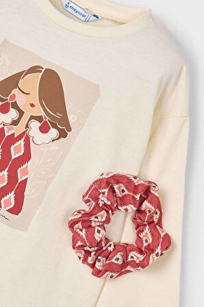 Kız Çocuk Tokalı Grafik Baskılı Uzun Kollu T-Shirt - Krem | 4 Yaş