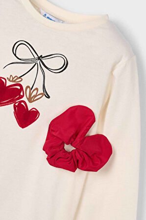 Kız Çocuk Tokalı Kalp Baskılı Uzun Kollu T-Shirt - Krem | 8 Yaş