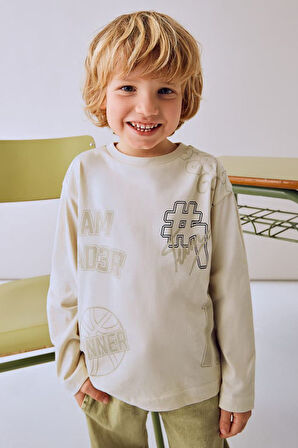 Erkek Çocuk Basketbol Temalı Grafik Baskılı Uzun Kollu T-Shirt - Bej | 4 Yaş