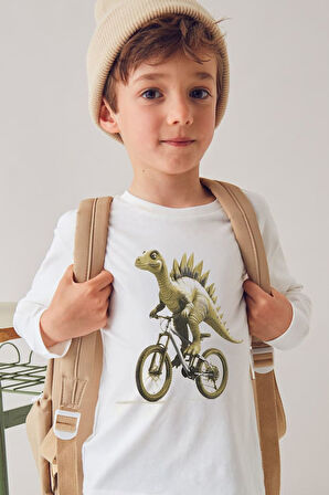 Erkek Çocuk Normal Kalıp Uzun Kollu Dinozor Baskılı T-Shirt - Krem | 10 Yaş