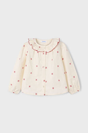 Kız Çocuk Normal Kalıp İşleme Detaylı Fırfırlı Yaka Bluz - Krem | 3 Yaş
