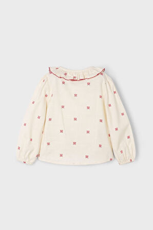 Kız Çocuk Normal Kalıp İşleme Detaylı Fırfırlı Yaka Bluz - Krem | 3 Yaş