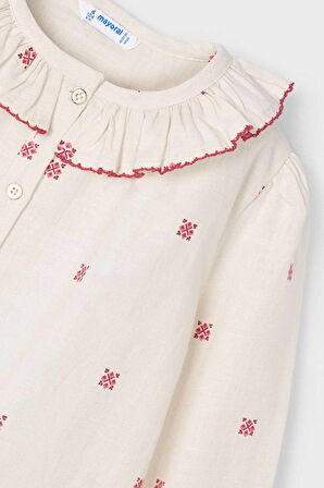 Kız Çocuk Normal Kalıp İşleme Detaylı Fırfırlı Yaka Bluz - Krem | 8 Yaş