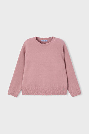 Kız Çocuk Normal Kalıp Fisto Yaka Ajurlu Triko Kazak - Gül Kurusu | 7 Yaş