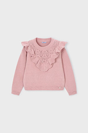 Kız Çocuk Ajurlu Fırfır Yaka Triko Kazak - Pudra Pembe | 9 Yaş