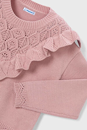 Kız Çocuk Ajurlu Fırfır Yaka Triko Kazak - Pudra Pembe | 9 Yaş