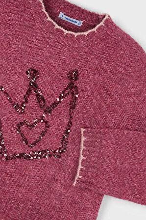 Kız Çocuk Payetli Taç İşlemeli Triko Kazak - Vişne | 3 Yaş