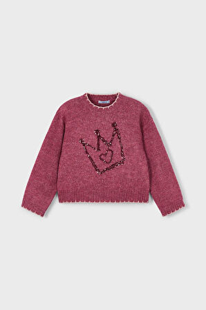 Kız Çocuk Payetli Taç İşlemeli Triko Kazak - Vişne | 10 Yaş