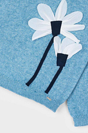 Kız Çocuk 3 Boyutlu Çiçek Aplikeli Triko Kazak - Mavi | 3 Yaş