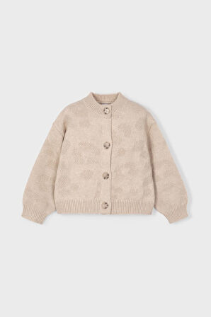 Kız Çocuk Balon Kol Jakar Desenli Triko Hırka - Bej | 9 Yaş