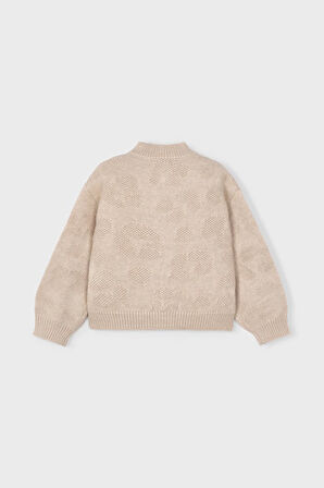 Kız Çocuk Balon Kol Jakar Desenli Triko Hırka - Bej | 9 Yaş