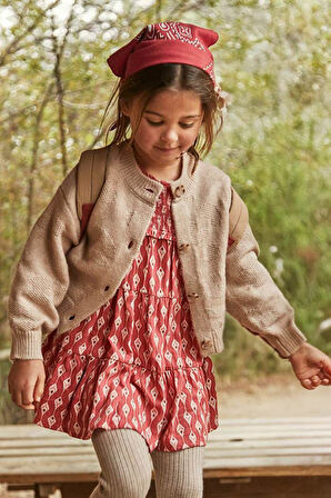 Kız Çocuk Balon Kol Jakar Desenli Triko Hırka - Bej | 9 Yaş