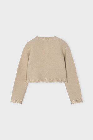 Kız Çocuk Simli Ajur Detaylı Kısa Triko Hırka - Bej | 4 Yaş