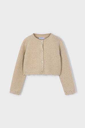 Kız Çocuk Simli Ajur Detaylı Kısa Triko Hırka - Bej | 6 Yaş