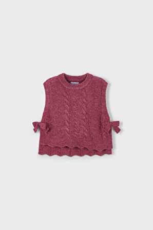 Kız Çocuk Yanları Fiyonklu Saç Örgüsü Desenli Triko Süveter - Vişne | 3 Yaş