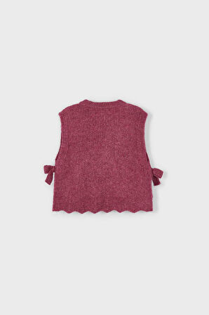 Kız Çocuk Yanları Fiyonklu Saç Örgüsü Desenli Triko Süveter - Vişne | 9 Yaş