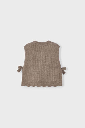 Kız Çocuk Yanları Fiyonklu Saç Örgüsü Desenli Triko Süveter - Kahverengi | 10 Yaş