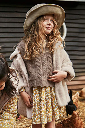 Kız Çocuk Yanları Fiyonklu Saç Örgüsü Desenli Triko Süveter - Kahverengi | 10 Yaş