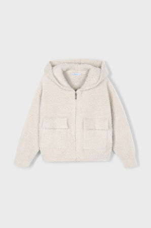 Kız Çocuk Kapüşonlu Cepli Pelüş Hırka - Ekru | 4 Yaş