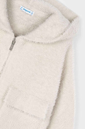 Kız Çocuk Kapüşonlu Cepli Pelüş Hırka - Ekru | 8 Yaş