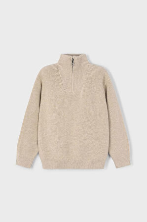 Erkek Çocuk Regular Fit Yarım Fermuarlı Dik Yaka Kazak - Bej | 10 Yaş