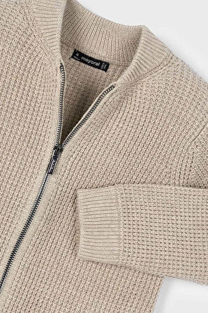 Erkek Çocuk Fermuarlı Dik Yaka Triko Hırka - Bej | 10 Yaş