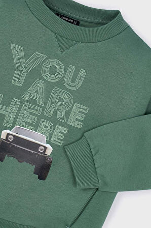 Erkek Çocuk Araç Baskılı Cepli Sweatshirt - Yeşil | 10 Yaş