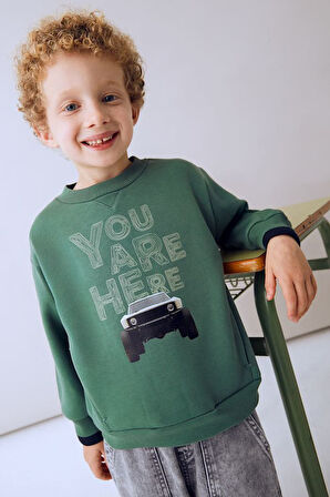 Erkek Çocuk Araç Baskılı Cepli Sweatshirt - Yeşil | 10 Yaş