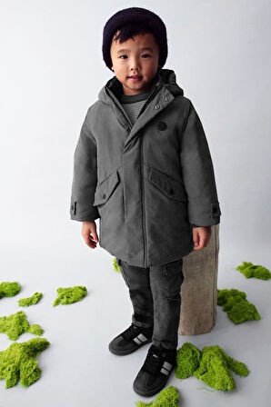 Erkek Çocuk Normal Kalıp Kapüşonlu Esnek Kumaşlı Parka - Gri | 3 Yaş