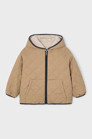 Unisex Çocuk Kapüşonlu Çift Taraflı Pelüş ve Kapitoneli Mont - Karamel/Bej | 4 Yaş