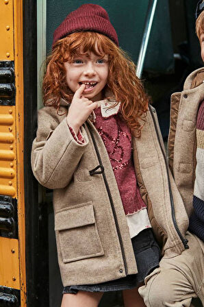 Unisex Çocuk Kapüşonlu Duffle Kaban - Bej | 3 Yaş