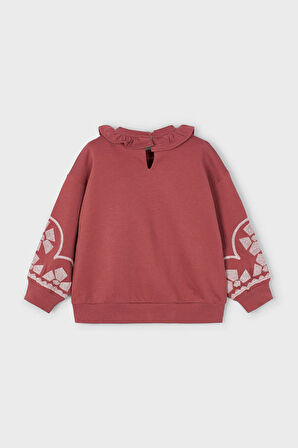 Kız Çocuk Fırfır Yaka Kolları Nakışlı Sweatshirt - Gül Kurusu | 3 Yaş