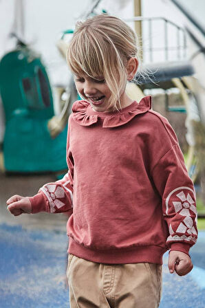 Kız Çocuk Fırfır Yaka Kolları Nakışlı Sweatshirt - Gül Kurusu | 3 Yaş