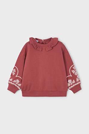 Kız Çocuk Fırfır Yaka Kolları Nakışlı Sweatshirt - Gül Kurusu | 10 Yaş