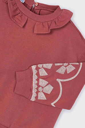 Kız Çocuk Fırfır Yaka Kolları Nakışlı Sweatshirt - Gül Kurusu | 10 Yaş