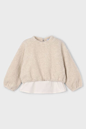 Kız Çocuk Etek Ucu Gömlek Görünümlü Pelüş Sweatshirt - Bej | 4 Yaş